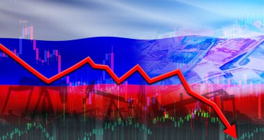 Ekonomik grafikte Rus bayrağıyla petrol krizi. Rus bayrağıyla petrol üretim krizi