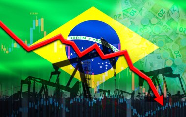 Finansal grafikte Brezilya bayrağı olan petrol krizi. Ekonomik tabloda Brezilya bayrağı ile petrol fiyatları düştü
