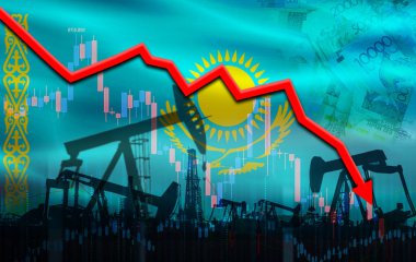Finansal grafikte Kazakistan bayrağıyla petrol krizi. Ekonomik tabloda Kazakistan bayrağıyla petrol fiyatları düştü