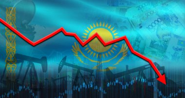 Ekonomik tabloda Kazakistan bayrağı ile petrol fiyatları düşüyor. Finansal grafikte Kazakistan bayrağı ile petrol krizi