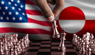 Political tension between USA and Greenland. Greenland vs USA flag on chessboard. Greenland territory conflict clipart