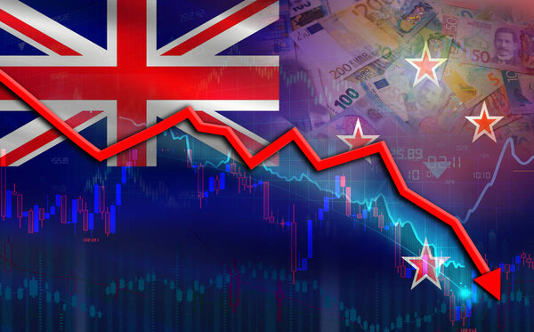 New Zealand financial fall on economy market. New Zealand financial crisis on economic graph