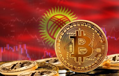 Kırgızistan 'daki kripto para birimi ve engelleme teknolojisi yatırımcıları. Arka planda Kırgızistan bayrağı olan Bitcoin
