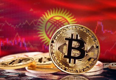Arka planda Bitcoin bayrağı olan Kırgızistan. Kırgızistan 'daki Kripto Para Birimi ve Engelleme Teknolojisi Yatırımcıları