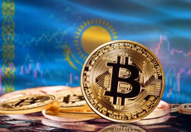Arka planda Kazakistan bayrağı olan Bitcoin. Kazakistan 'daki Kripto Para Birimi ve Engelleme Teknolojisi Yatırımcıları, Kavram