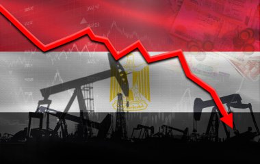 Finansal grafikte Mısır bayrağı olan petrol krizi. Ekonomik tabloda Mısır bayrağı ile petrol fiyatları düştü