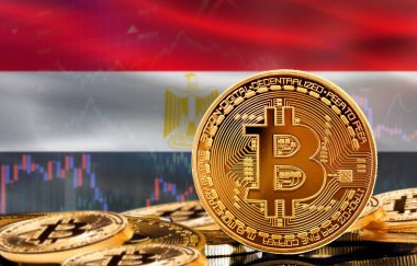 Mısır 'daki kripto para birimi ve engelleme teknolojisi yatırımcıları. Arka planda Mısır bayrağı olan Bitcoin