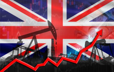 Birleşik Krallık bayrağı ve petrol endüstrisi ile petrol üretimi. Birleşik Krallık bayrağıyla petrol pompaları