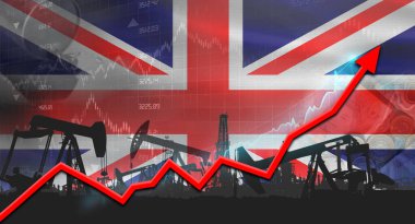 Birleşik Krallık bayrağıyla petrol pompaları. Birleşik Krallık bayrağı ve petrol endüstrisi ile petrol üretimi