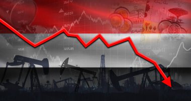Ekonomik tabloda Yemen bayrağı, mali grafikte Yemen bayrağı olan petrol krizi ile petrol fiyatları düştü