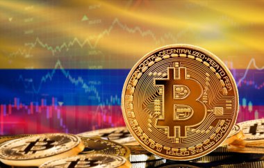 Investors in cryptocurrency and Blockchain Technology in Colombia, Concept. Bitcoin with Colombia flag in the background
