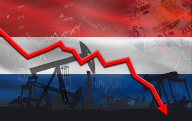 Petroleum crisis with Netherlands flag on financial graph. Fall oil price with flag of Netherlands on economic chart