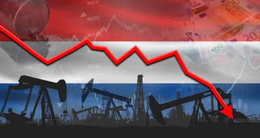 Fall oil price with flag of Netherlands on economic chart, Petrol crisis with Netherlands flag on financial graph