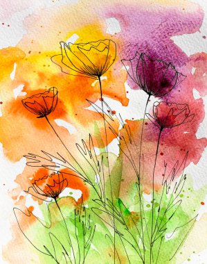 suluboya çiçekler çiziyorum. Siyah çizgilere vur. Suluboya ile boyanmış parlak çiçekler. El çizimi, suluboya. Siyah çizgilere vur. Çiçek arkaplan. Çiçekli suluboya arka plan. Empresyonist stil, botanik resim, parlak renkler. Sanatçı