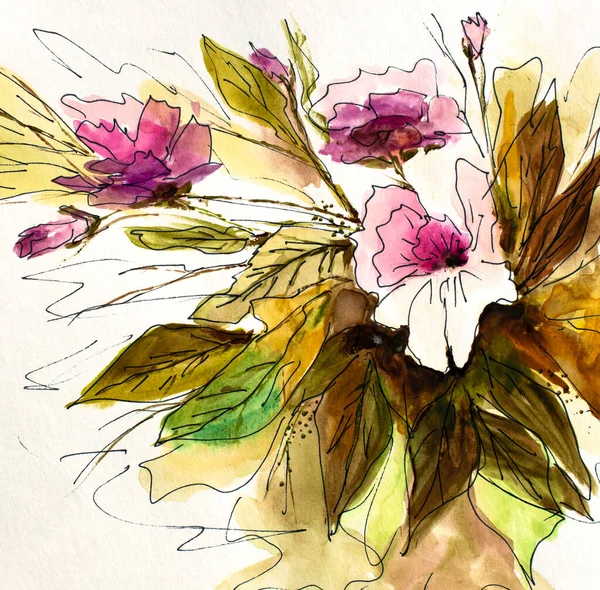 花の水彩画美しい花 水彩の花の絵 デザインや印刷のための花の背景の手描きイラスト カードだ ウェディング招待テンプレート — ストック写真
