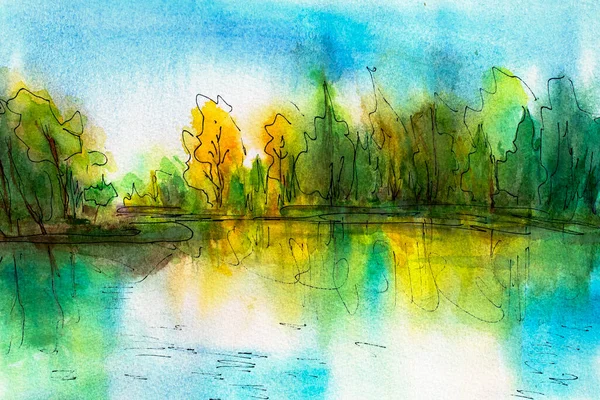 autumn watercolor landscape. Hand drawn in a modern style. For design or print