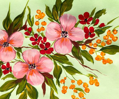 Yeşil arka planda soyut renkli çiçekler. Boyalı resimler, izlenimci stil, çiçek boyası, akrilik, guaj. Tasarım ya da baskı için çiçek arkaplanının el çizimi çizimi. Kart. Örnek .