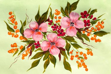 Yeşil arka planda soyut renkli çiçekler. Boyalı resimler, izlenimci stil, çiçek boyası, akrilik, guaj. Tasarım ya da baskı için çiçek arkaplanının el çizimi çizimi. Kart. Örnek .