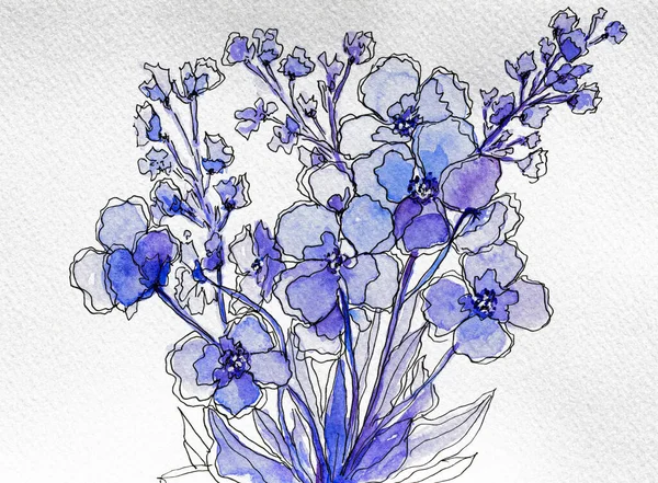 Blue purple flowers pattern. Floral painting on textured paper in watercolor and ink. Hand drawn illustration of floral background for design or print. Card. Sample .