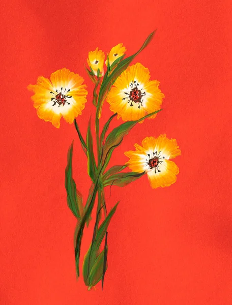Flores Coloridas Abstratas Fundo Vermelho Pintura Com Tintas Estilo Impressionista — Fotografia de Stock