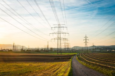 Gün batımında tarımsal alanda elektrik hatları.