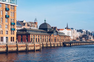 Hamburg Fischauktionshalle manzarası Elbe nehri kıyısında tarihi ve modern binalar