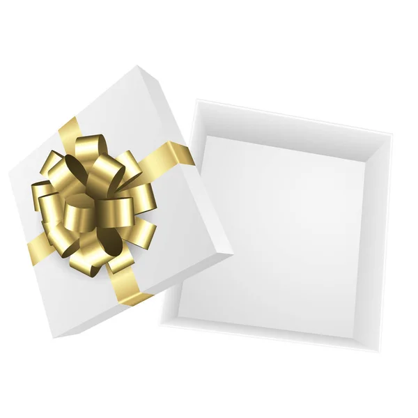 Białe Pudełko Otwarte Prezent Złotym Łukiem Boże Narodzenie Prezent Urodzinowy — Zdjęcie stockowe