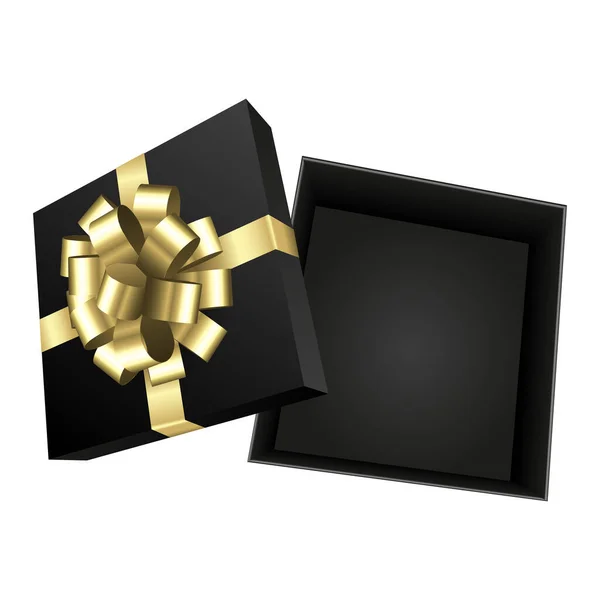 Black Otwarte Pudełko Złotym Łukiem Boże Narodzenie Prezent Urodzinowy Projekt — Zdjęcie stockowe