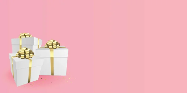 Pudełka Prezenty Złotym Banerem Boże Narodzenie Prezent Urodzinowy Motyw Tła — Zdjęcie stockowe