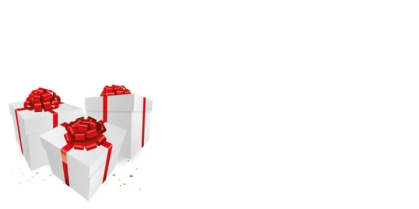 Pudełka Czerwoną Kokardką Projekt Baner Boże Narodzenie Urodziny Prezent Motyw — Zdjęcie stockowe