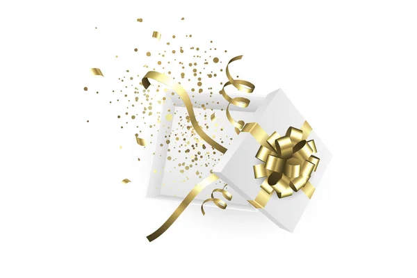 Caixa Presente Aberta Branca Com Arco Ouro Natal Presente Aniversário — Fotografia de Stock