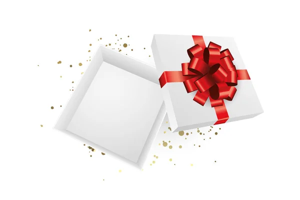 Caixa Presente Aberta Branca Com Arco Vermelho Natal Presente Aniversário — Fotografia de Stock