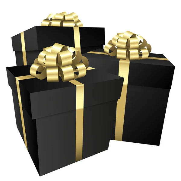 Três Caixas Presente Pretas Com Arco Ouro Natal Aniversário Presente — Fotografia de Stock