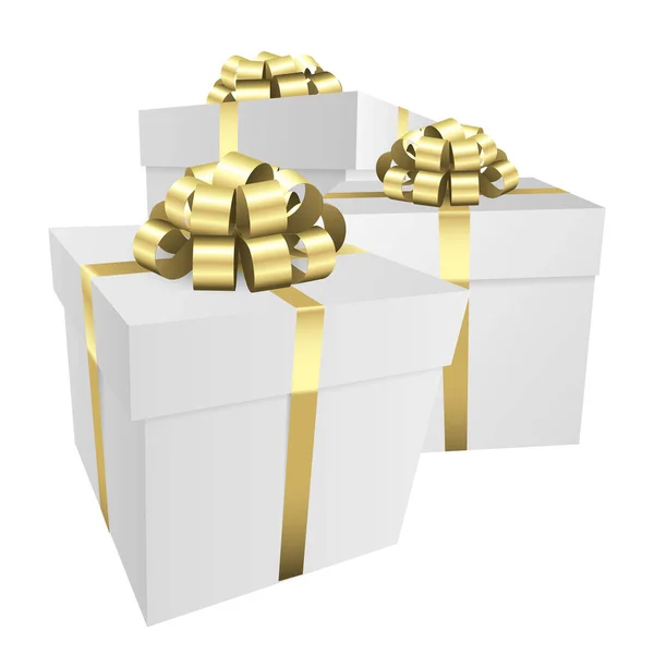 Trzy Białe Pudełka Złotym Łukiem Boże Narodzenie Prezent Urodzinowy Projekt — Zdjęcie stockowe
