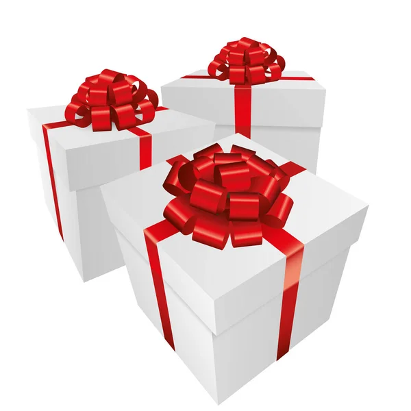 Três Caixas Presente Branco Com Arco Vermelho Natal Presente Aniversário — Fotografia de Stock