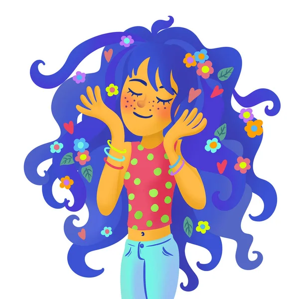 Счастливая Улыбающаяся Девушка Цветами Волосах — стоковое фото