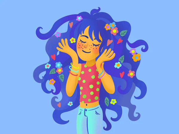 Ilustracja Szczęśliwej Uśmiechniętej Dziewczyny Kwiatami Włosach — Zdjęcie stockowe