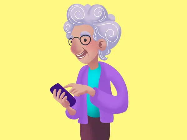 Ilustração Uma Mulher Idosa Sorridente Com Personagem Smartphone — Fotografia de Stock