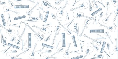 Müzik enstrümanları çizimler - gitar, bas gitar, davul, piyano ve saksafon teması