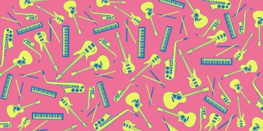 Müzik enstrümanları çizimler - gitar, bas gitar, davul, piyano ve saksafon teması