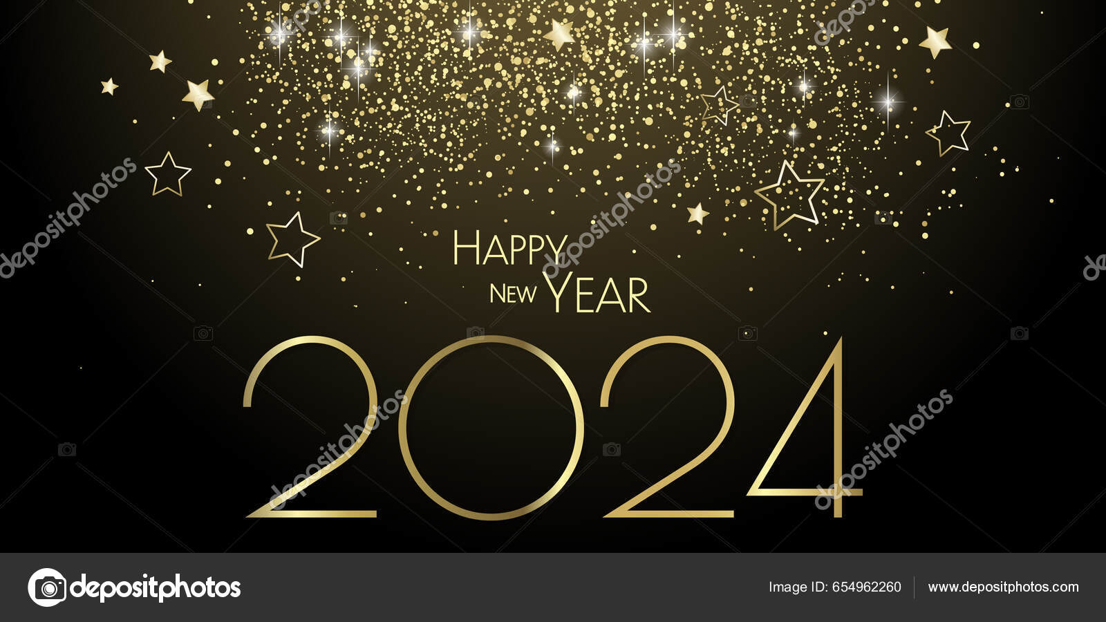 Heureux Nouvel 2024 Scintillement Étoiles D'or Fond Fête Carte
