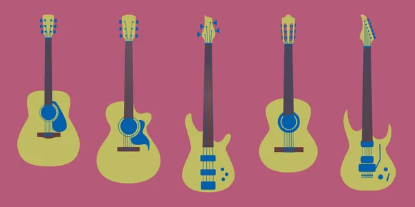 Ilustracja Stylów Gitar Gitara Elektryczna Ludowa Klasyczna Basowa Płaski Motyw — Zdjęcie stockowe