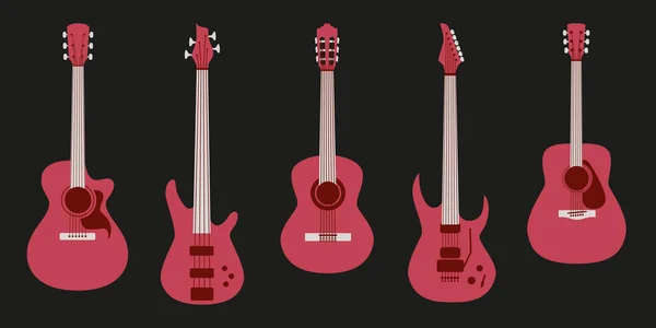 Ilustracja Stylów Gitar Gitara Elektryczna Ludowa Klasyczna Basowa Płaski Motyw — Zdjęcie stockowe