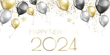 Mutlu yıllar 2024 - Işıltılı altın yıldızlı arkaplan - parti şenlik tasarım kartı