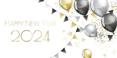 Mutlu yıllar 2024 - Işıltılı altın yıldızlı arkaplan - parti şenlik tasarım kartı