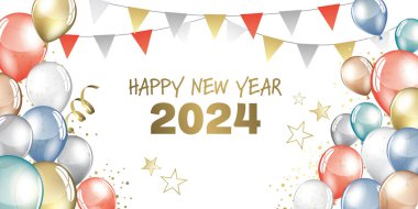 Mutlu yıllar 2024 - Işıltılı altın yıldızlı arkaplan - parti şenlik tasarım kartı