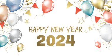 Mutlu yıllar 2024 - Işıltılı altın yıldızlı arkaplan - parti şenlik tasarım kartı