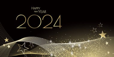 Mutlu yıllar 2024 - Siyah ve altın dalgalar ve elmas toz tasarımı teması