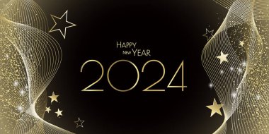 Mutlu yıllar 2024 - Siyah ve altın dalgalar ve elmas toz tasarımı teması