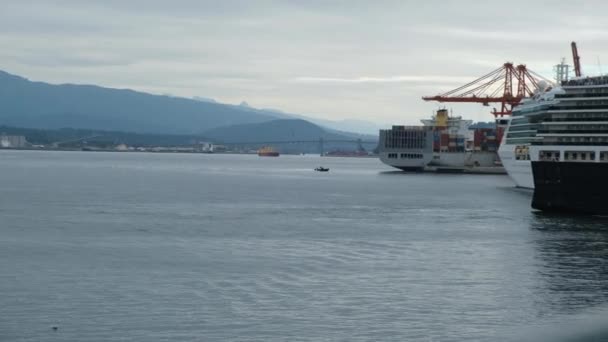 Enormes Cruceros Lanchas Motoras Puerto Montañas Fondo — Vídeo de stock